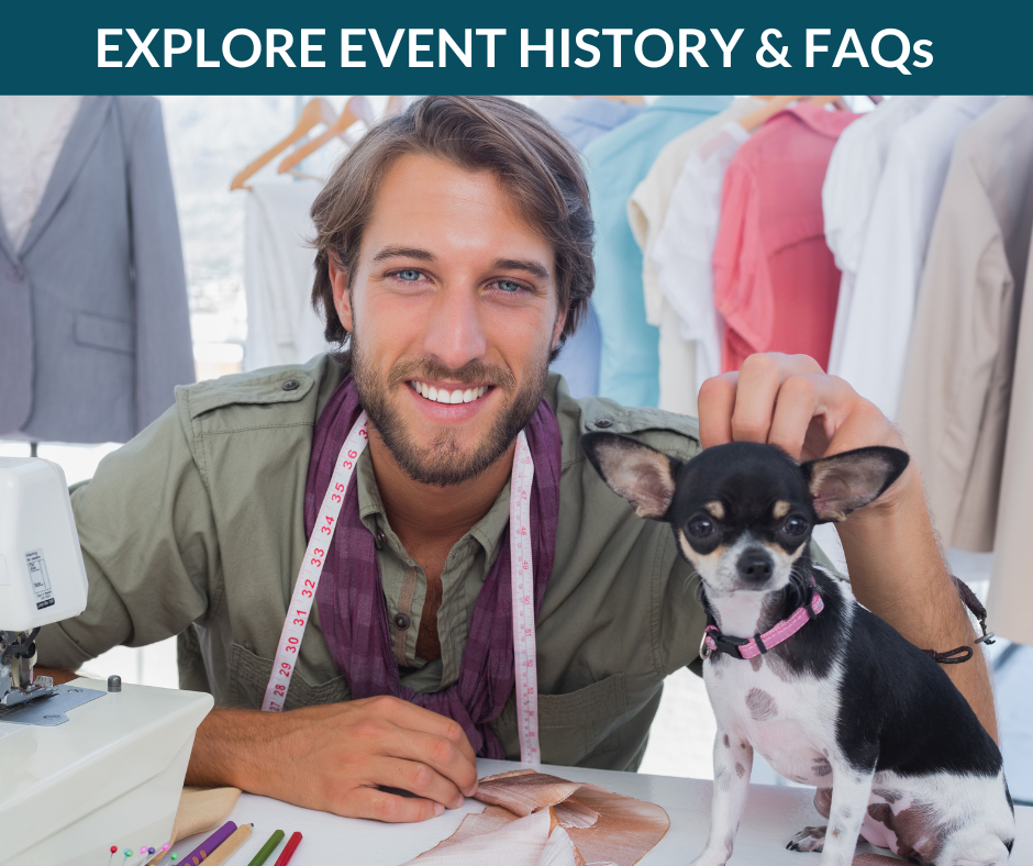 A man at a sewing machine poses for a picture with a small dog.